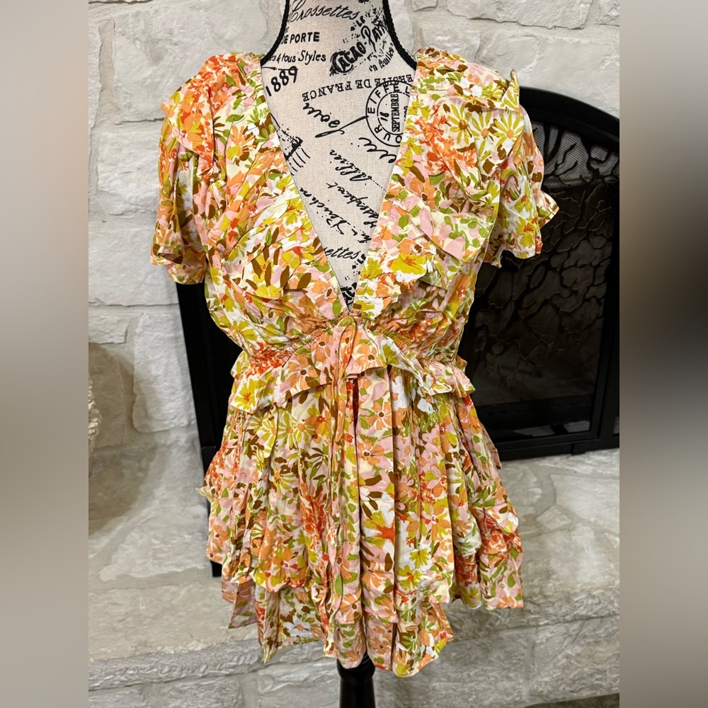 New Floral V-Neck Ruffled Romper - Pink/Orange/Green